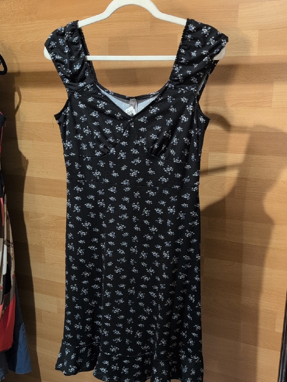 Black Floral Midi Dress with Cap Sleeves